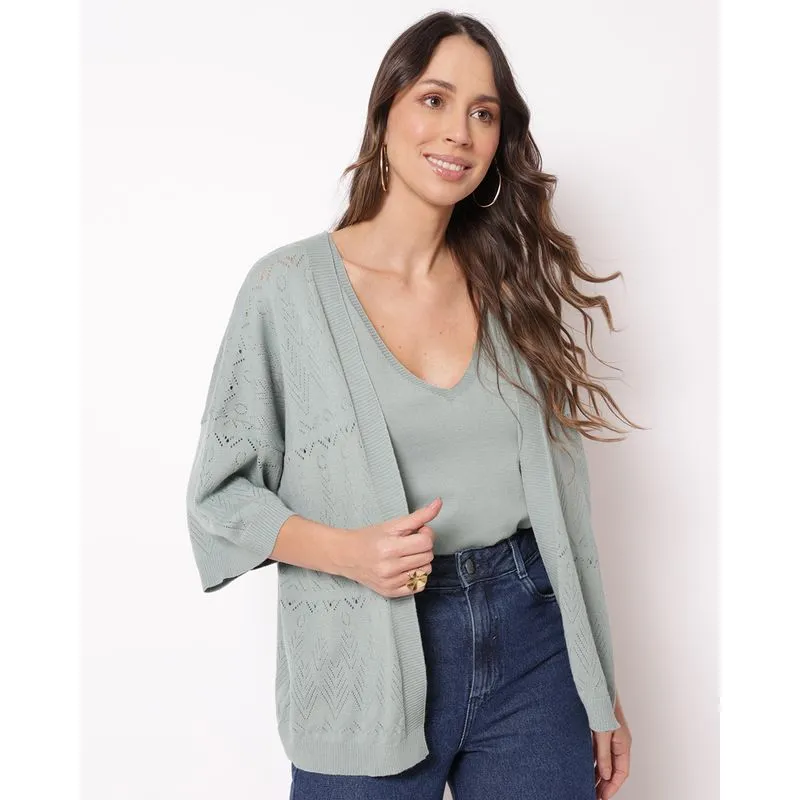 Cardigan Feminina Tricô Maquinetado Verde G