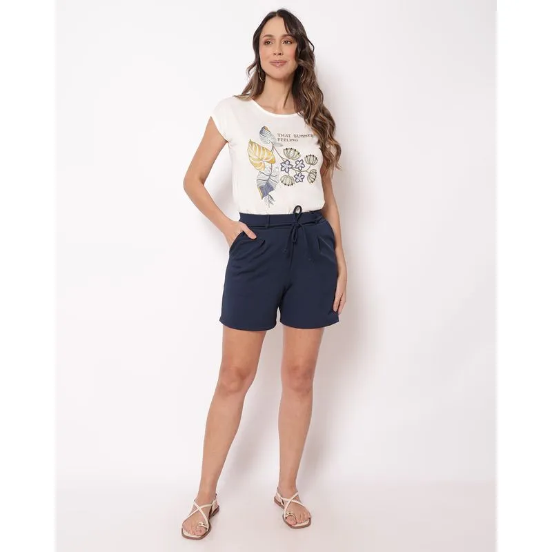 Short Feminino Texturizado com Bolsos e Cordão Amarração Marinho P