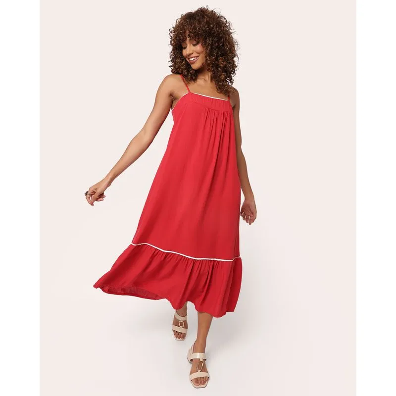Vestido Feminino Midi Viscose com Detalhe Vivo com Babado Vermelho G