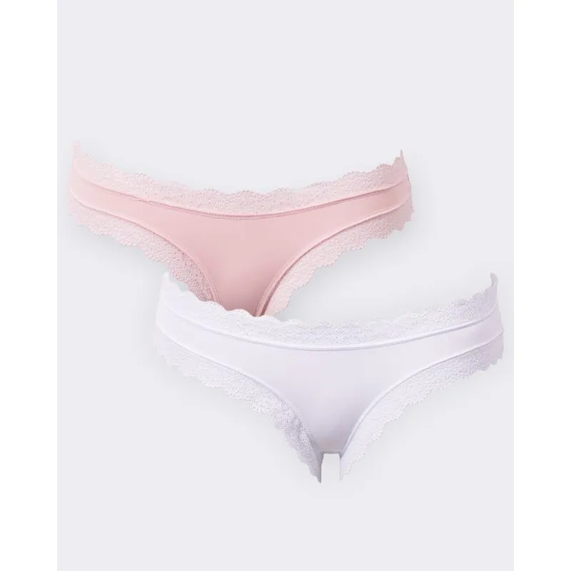 Kit 2 Calcinhas Feminina Biquíni Poliamida com Renda Rosa e Branca GG