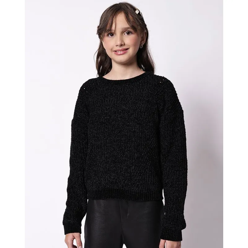 Suéter Juvenil Cropped Tricô Chenille Preto 12