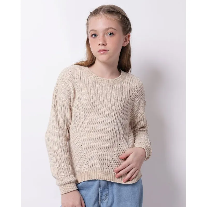 Suéter Juvenil Cropped Tricô Chenille Bege 12