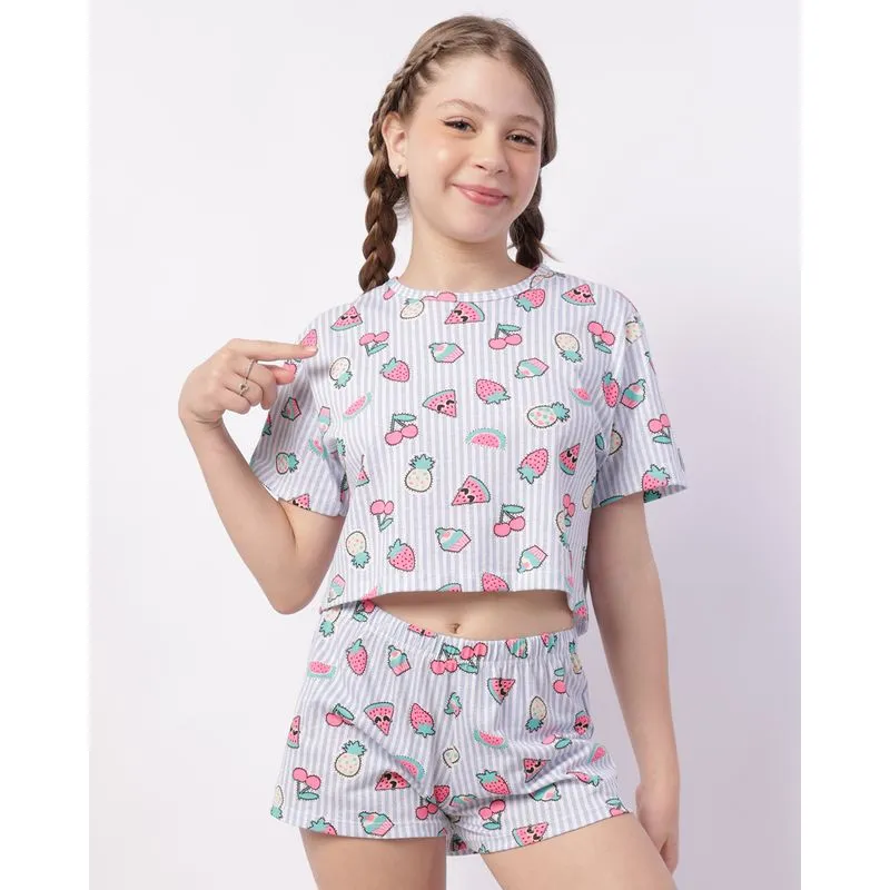 Pijama Juvenil Curto Algodão Estampado Azul 14