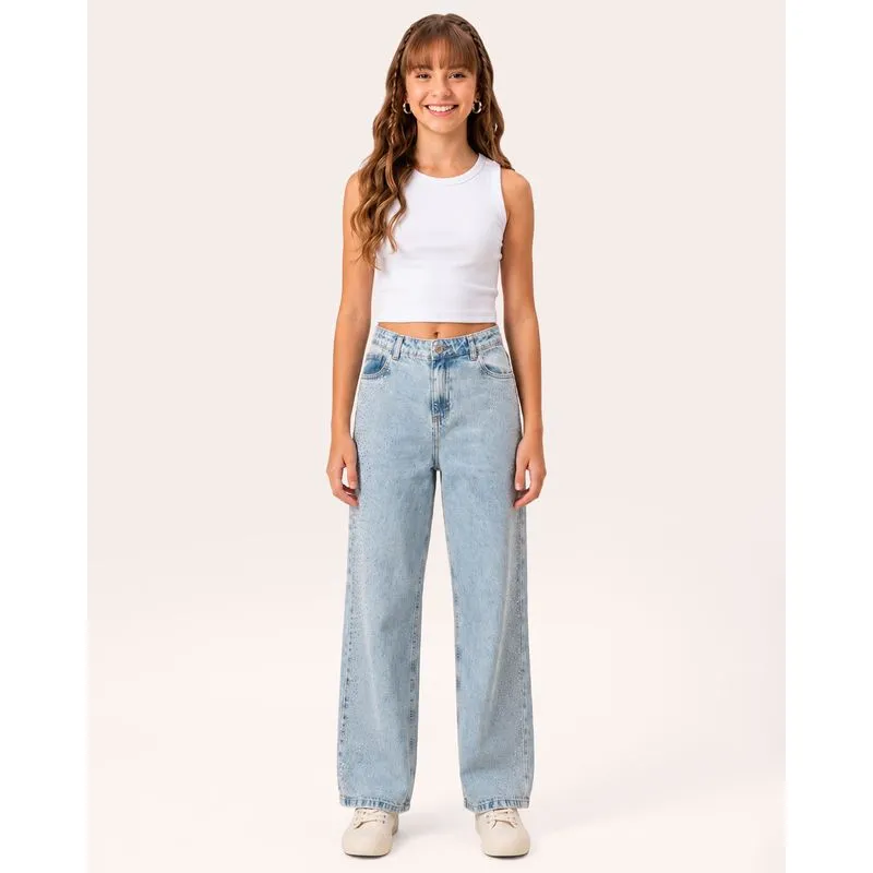 Calça Jeans Juvenil Wide Leg Marmorizada com Brilho Azul Claro UN