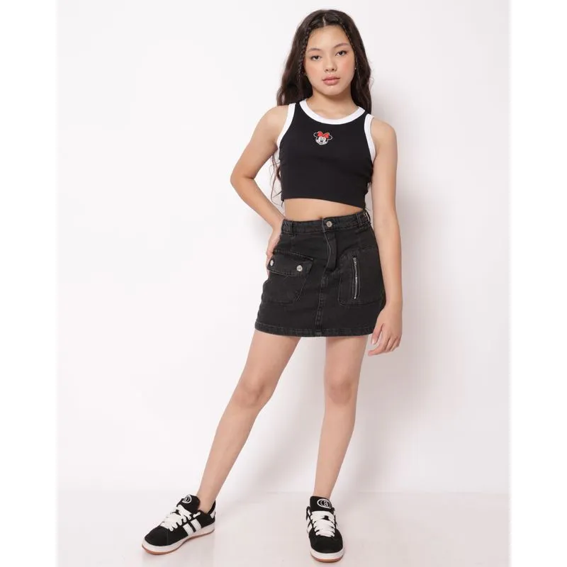 Saia Jeans Juvenil com Bolso Cargo e Zíper Preta 8