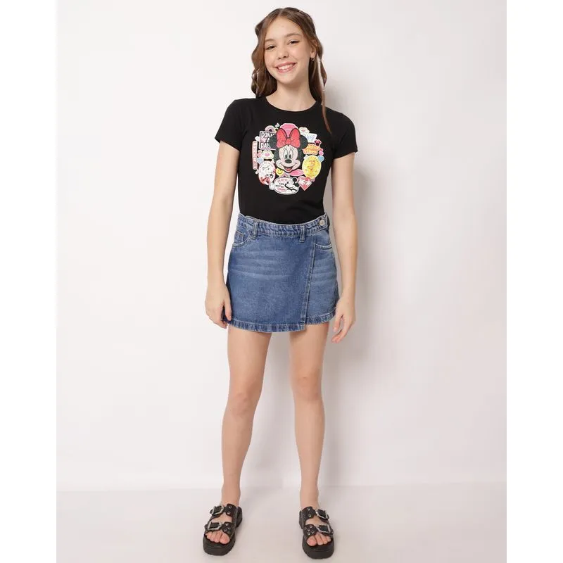 Short Saia Jeans Juvenil Curto Transpassado com Bolsos Azul 16