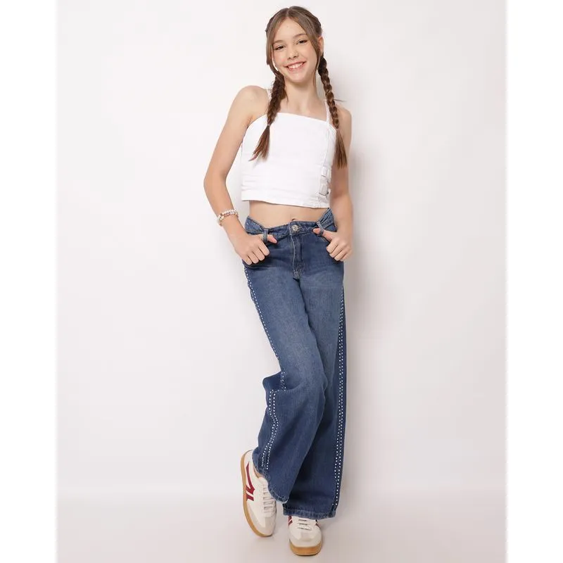 Calça Jeans Juvenil Wide Leg com Strass Azul 10