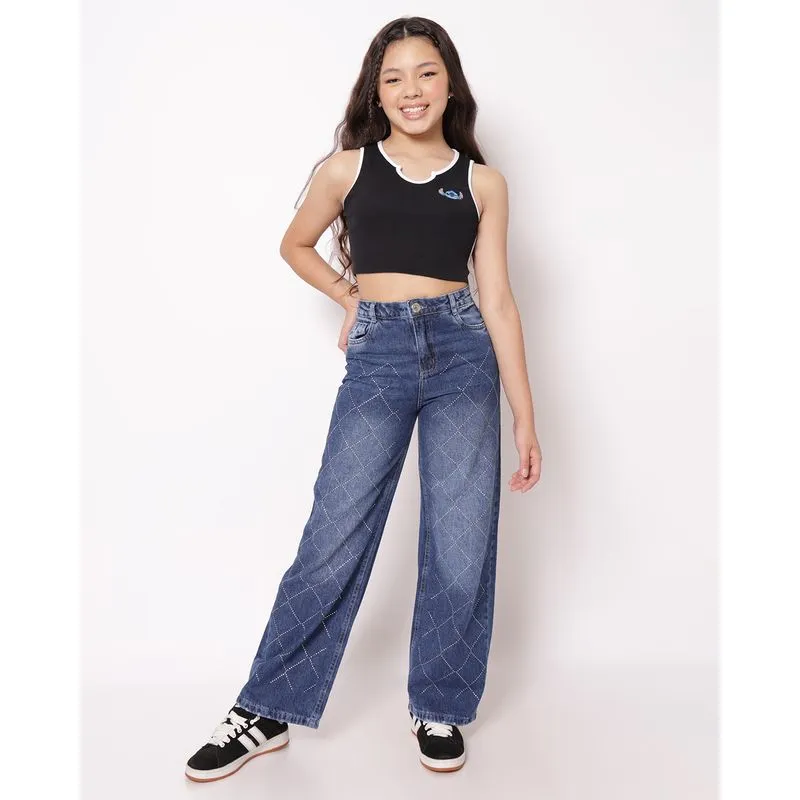 Calça Jeans Juvenil Wide Leg com Strass Azul 6