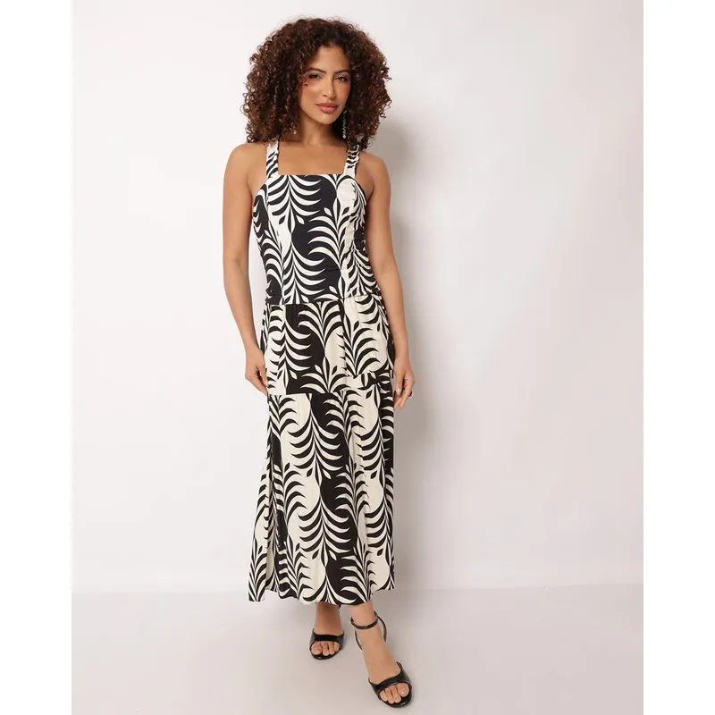 Saia Feminina Midi Viscose Estampada com Bolsos Preta P
