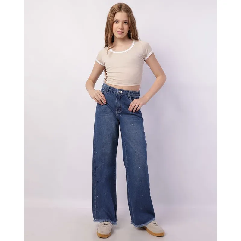 Calça Jeans Juvenil Wide Leg com Strass Azul 12