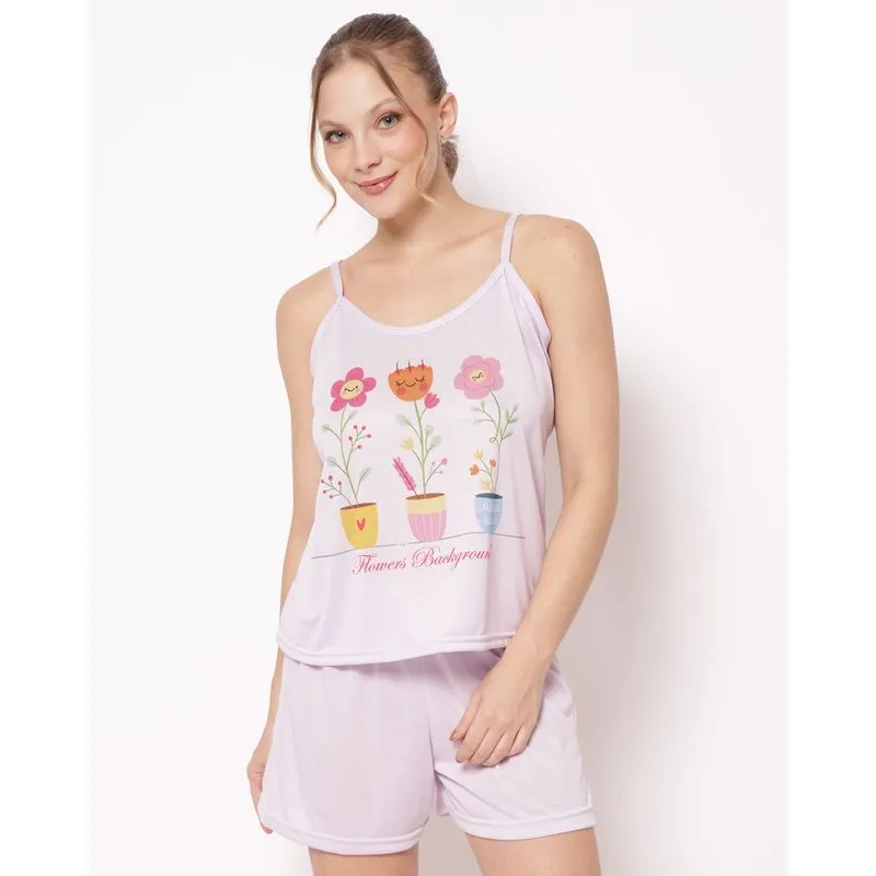 Pijama Feminino Curto com Alcinha E Estampa Lilás GG