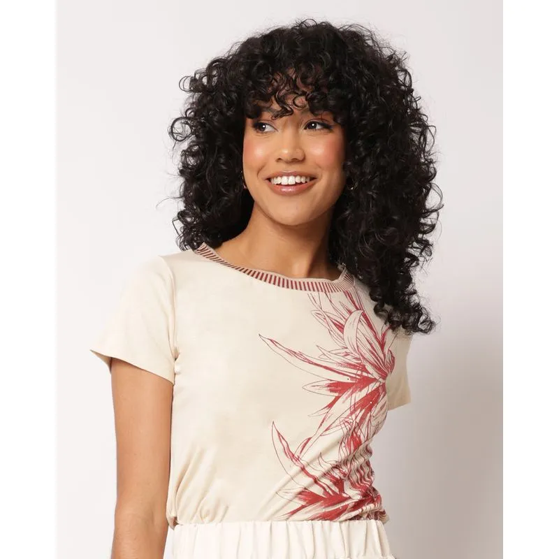 Blusa Feminina Estampa Frontal com Strass Manga Curta Bege M