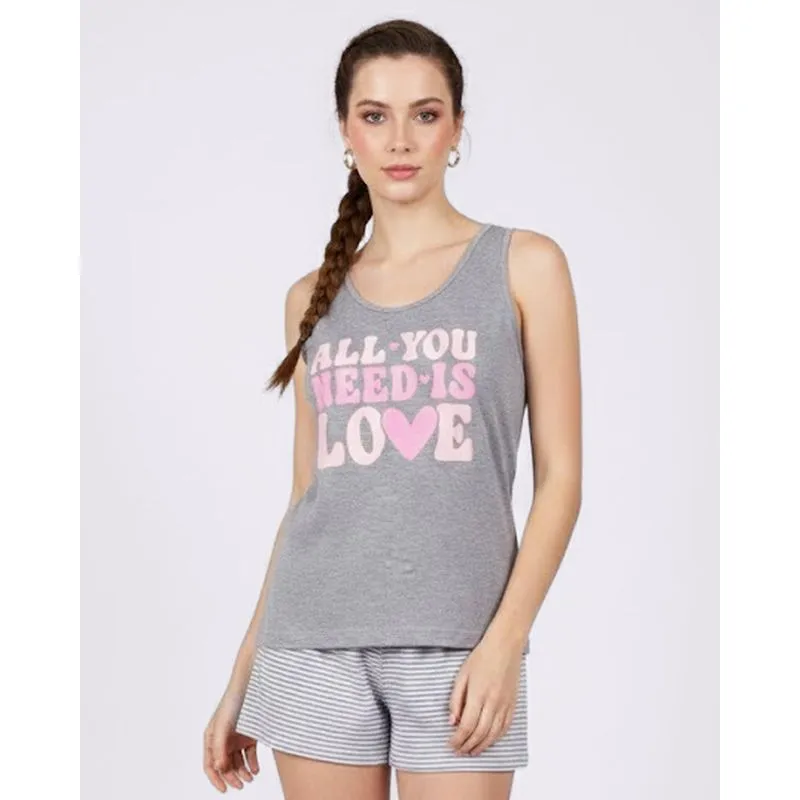 Pijama Feminino Curto Regata Listrado com Estampa Frontal Cinza M