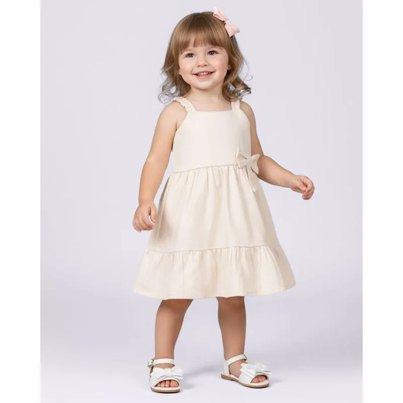Vestido Sarja Bebê com Babado Alcinha Elástico Laço Bege 1