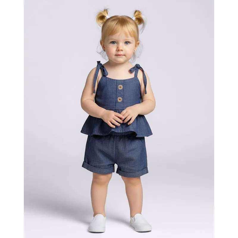 Conjunto Jeans Bebê Curto com Alcinha Babado Azul 1
