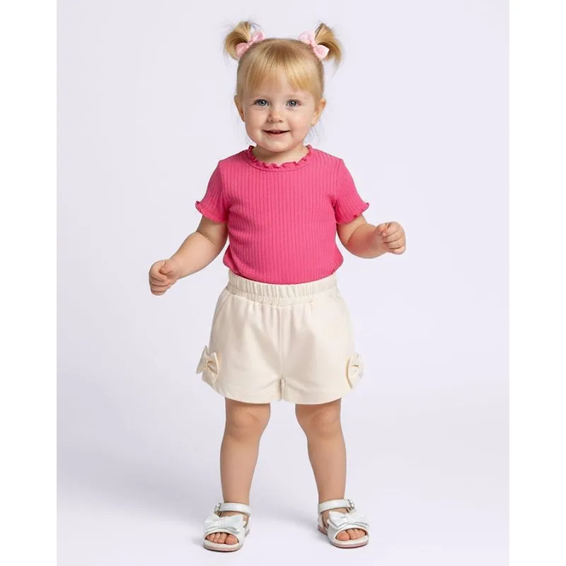 Short Bebê Cós Alto com Bolsos e Laços Bege 2