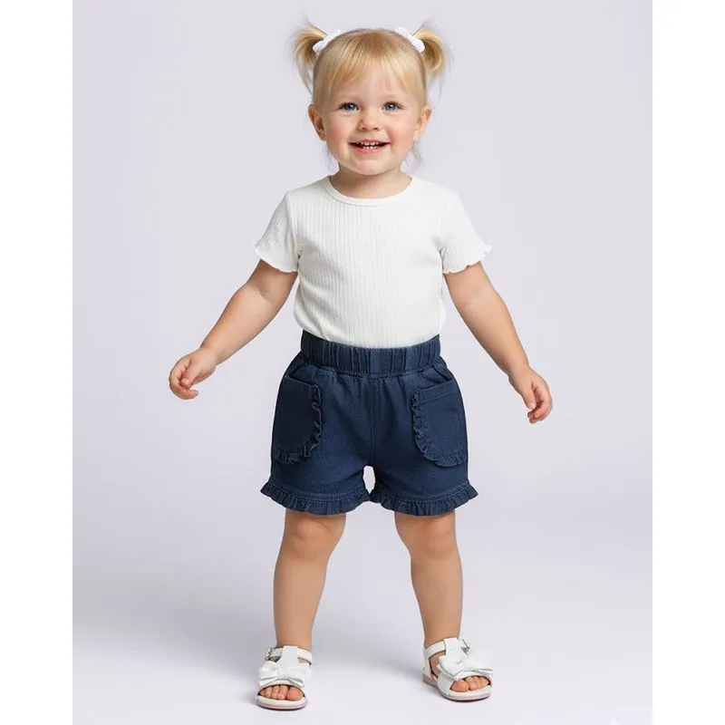 Short Liocel Bebê Cós Alto com Bolsos Babado Azul 1
