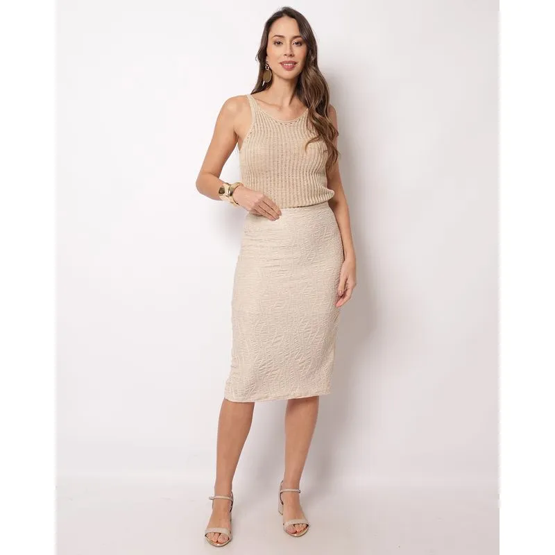 Saia Feminina Midi Texturizada Bege P