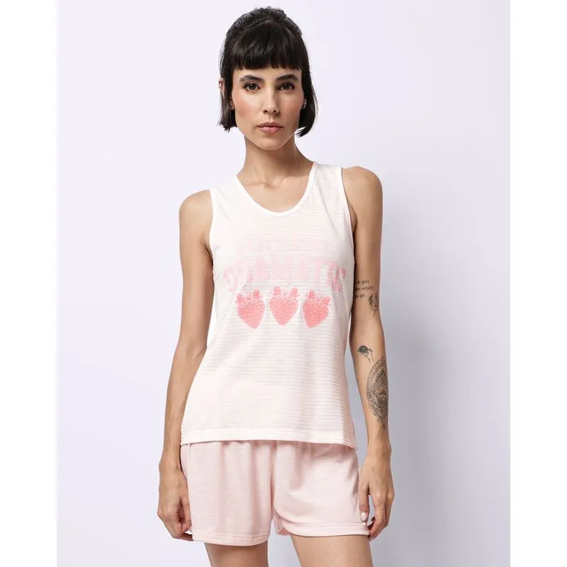 Pijama Regata Feminino Curto Estampa Morangos Listrado Rosa P
