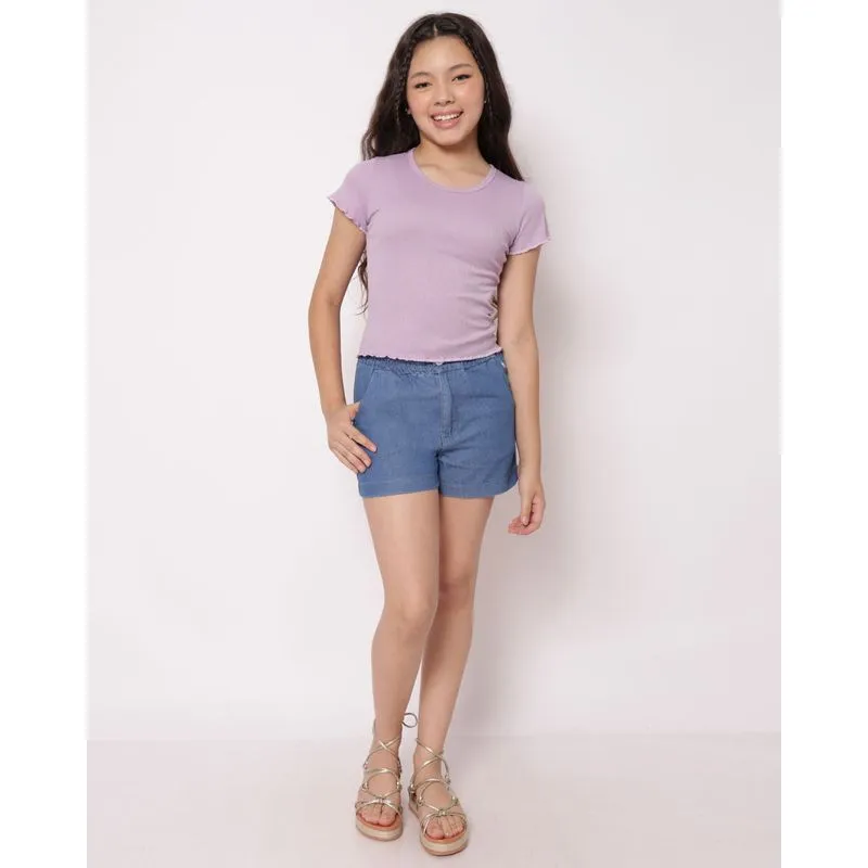 Short Jeans Curto Cós com Elastico e Bordado Azul 4