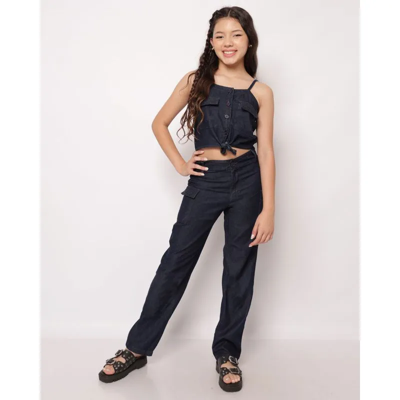Calça Liocel Juvenil Reta com Bolsos Cargo Azul 10
