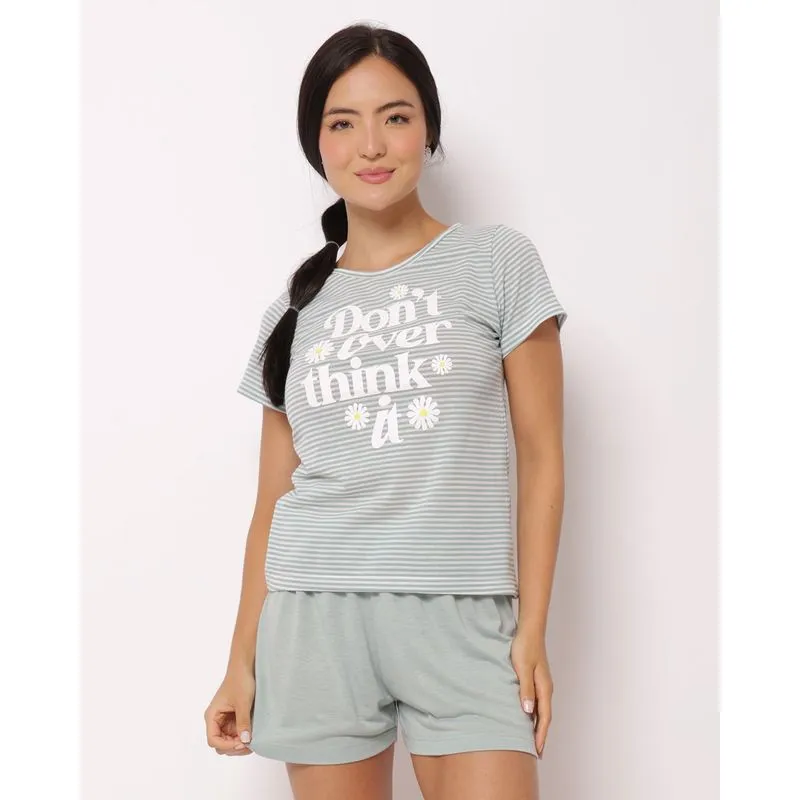 Pijama Curto Feminino Listrado Estampa Frontal Verde G