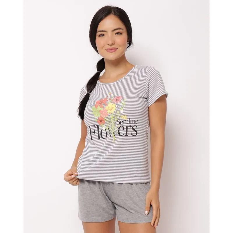 Pijama Feminino Listrado Florido Cinza P