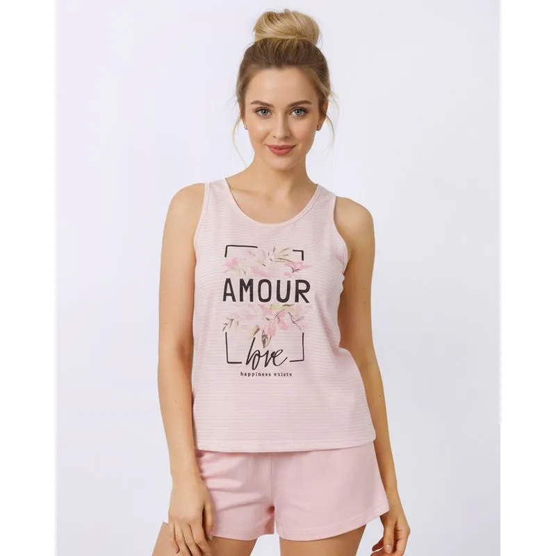 Pijama Feminino Curto Regata Listrado com Estampa Rosa P