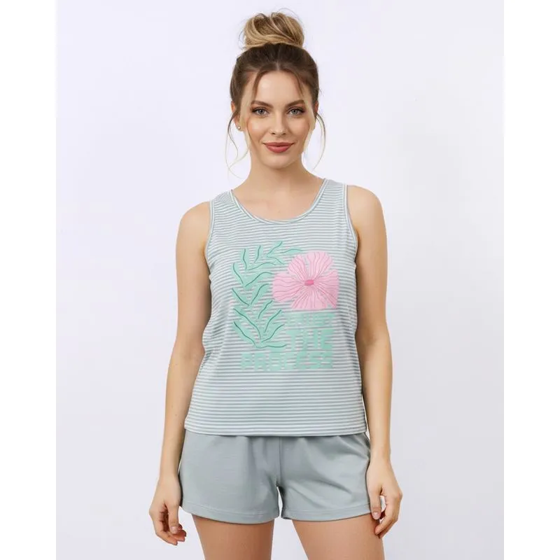 Pijama Feminino Curto Regata Listrado com Estampa Verde M