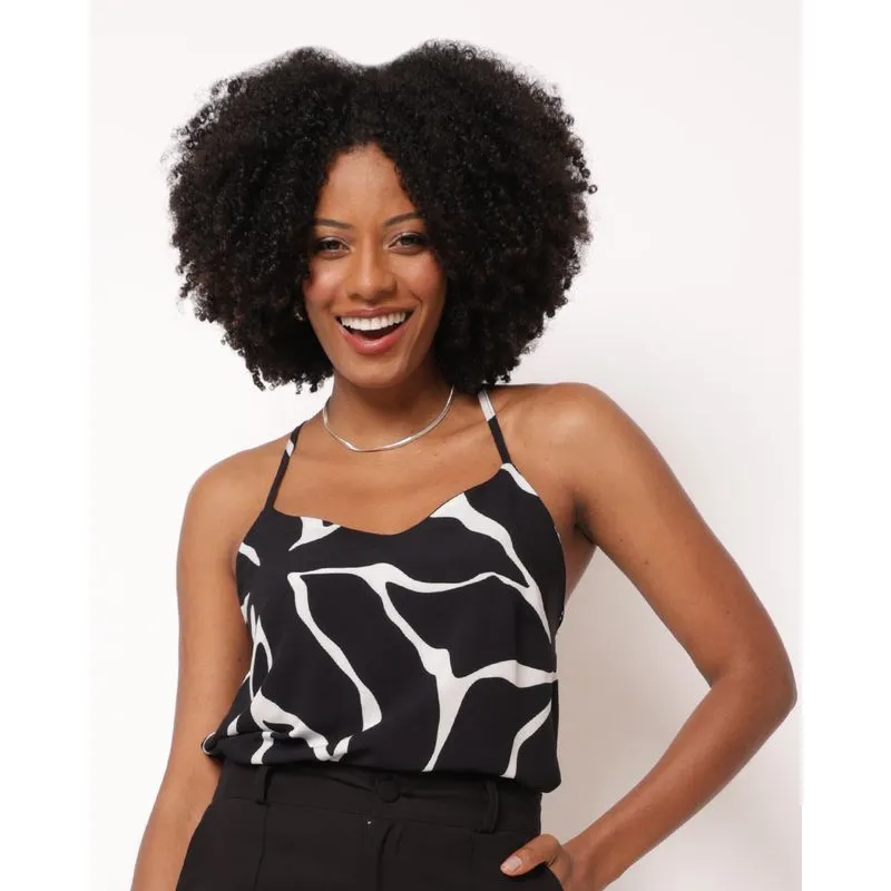 Blusa Feminina Alcinhas Cruzadas Viscose Estampada Preta G