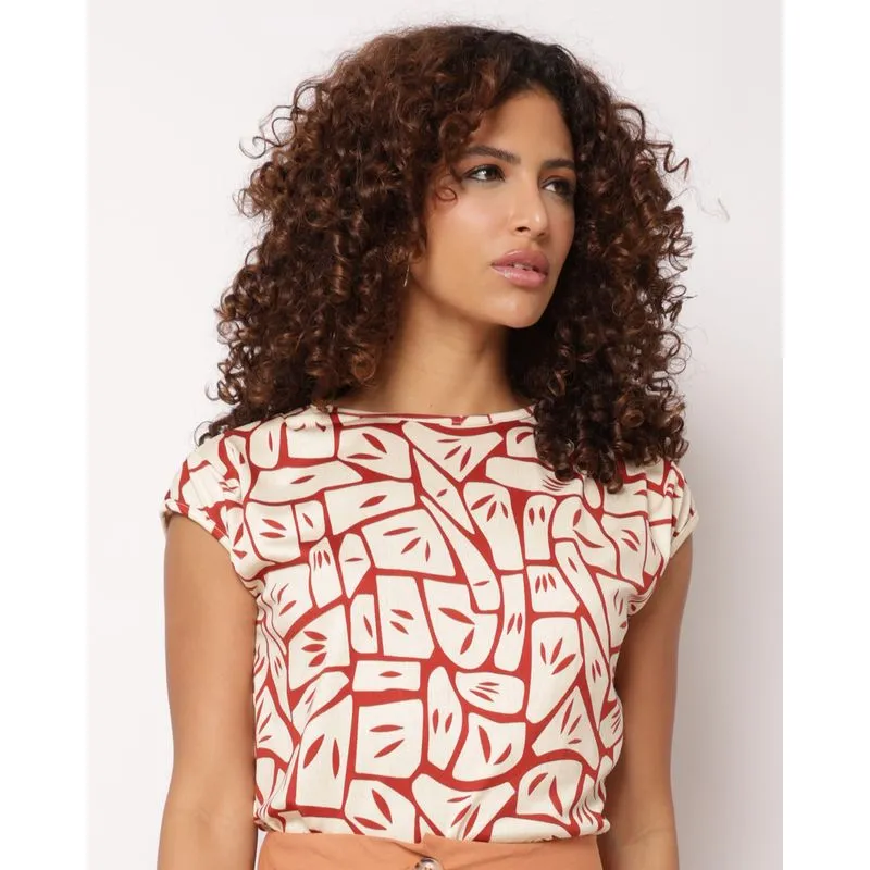 Blusa Feminina Manga Curta Estampada Bege GG