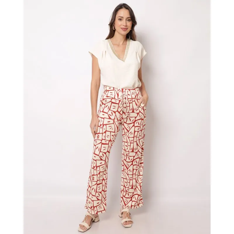 Calça Feminina Pantalona Estampada com Cordão Bege G