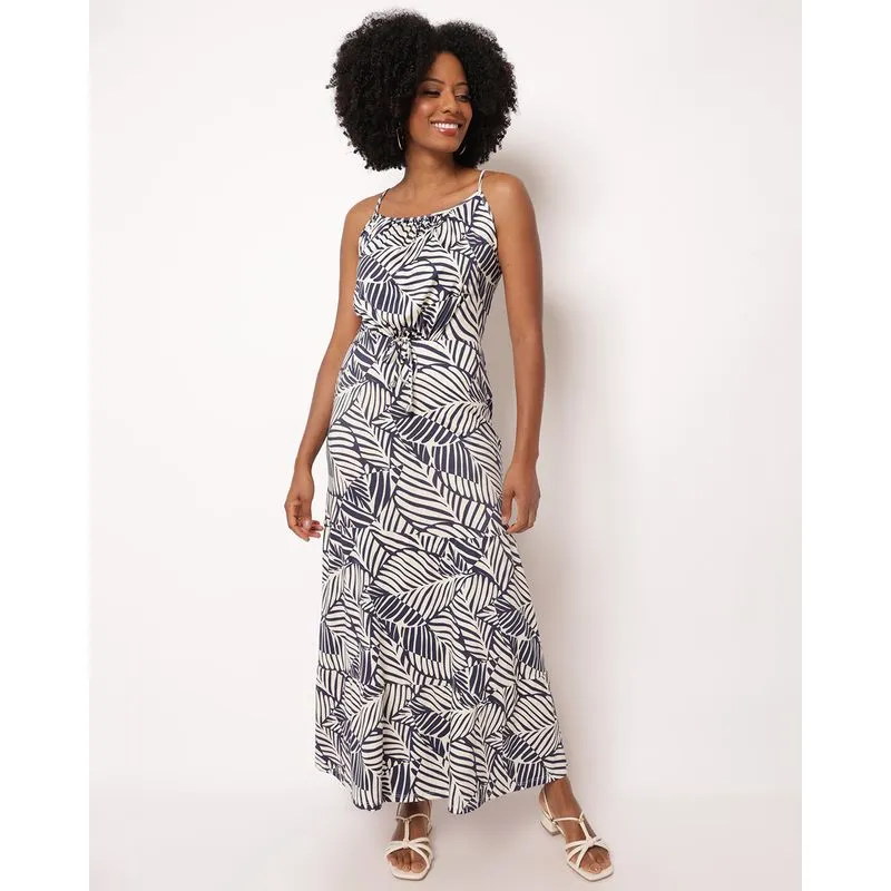 Vestido Longo Feminino com Amarração Frontal Estampado Marinho G