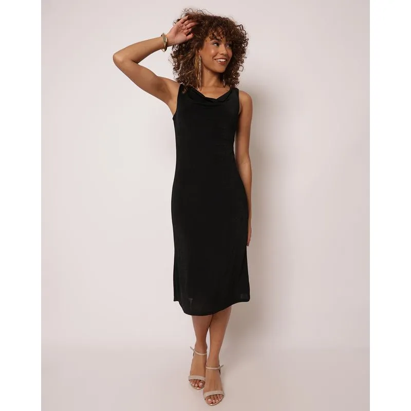 Vestido Feminino Midi Slink Acetinado Gola Degagê Preto M
