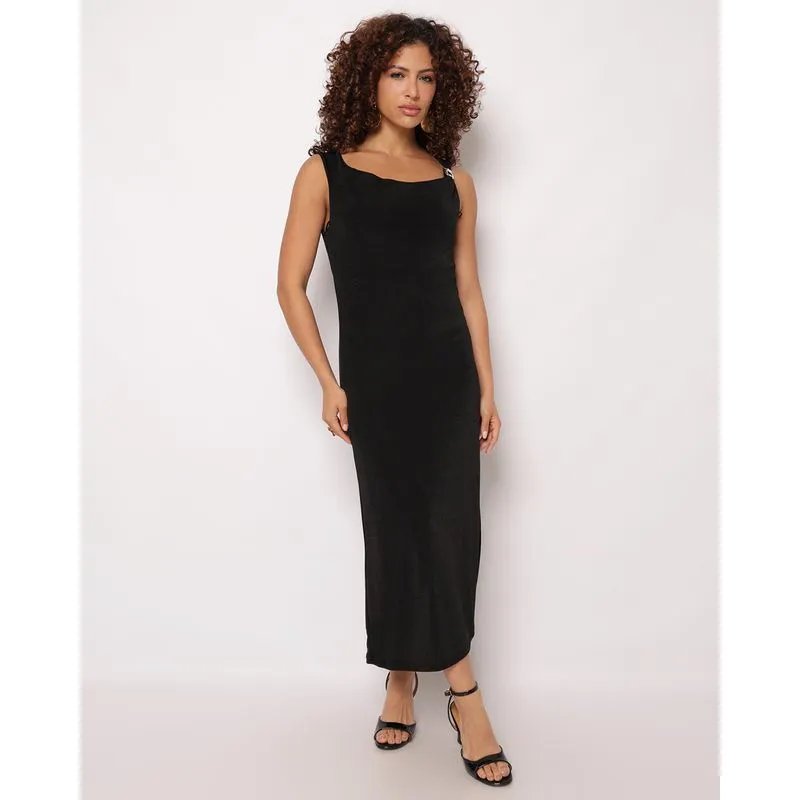 Vestido Feminino Longo Slink Acetinado com Aviamento Metal Preto GG