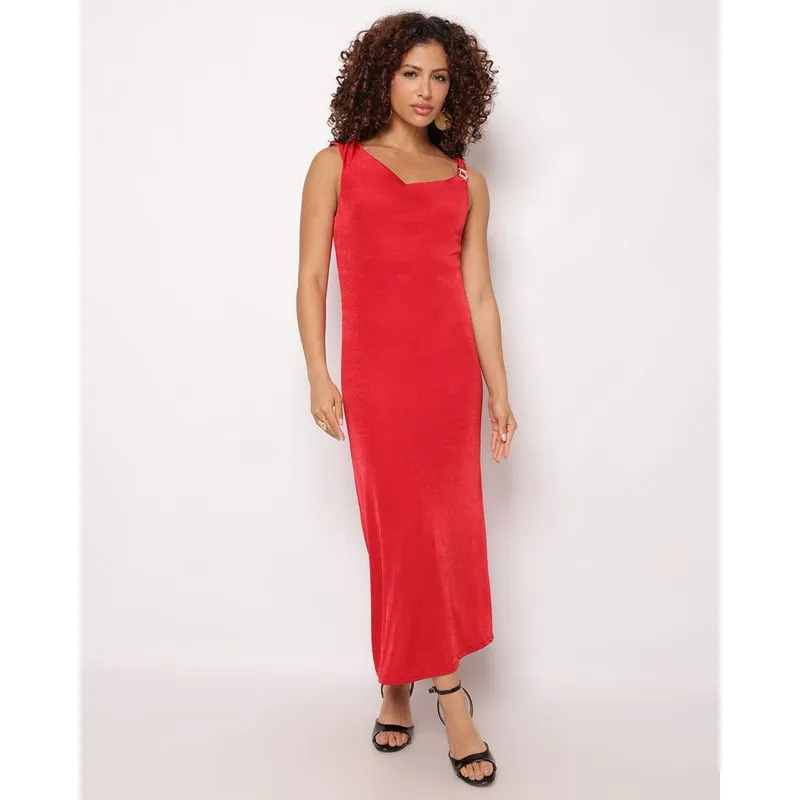 Vestido Feminino Longo Slink Acetinado com Aviamento Metal Vermelho M