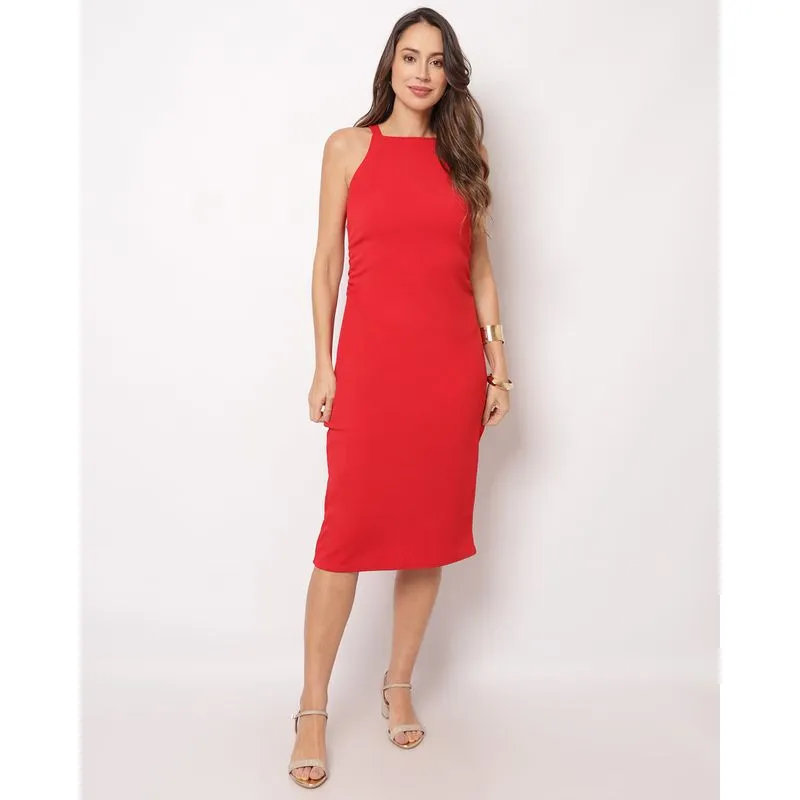 Vestido Feminino Midi Cava Americana Texturizado com Franzido Vermelho G