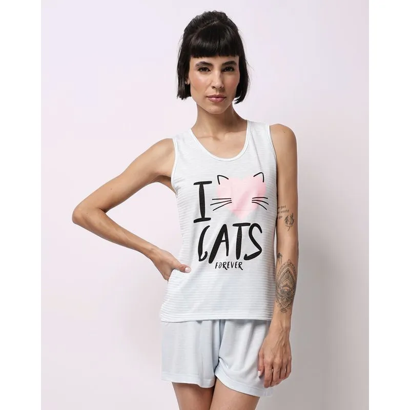 Pijama Regata Feminino Curto Estampa I Love Cats Listrado Azul P