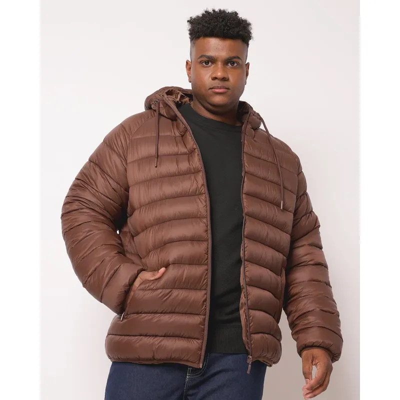 Jaqueta Plus Size Masculina Puffer com Capuz Bolsos Marrom G1