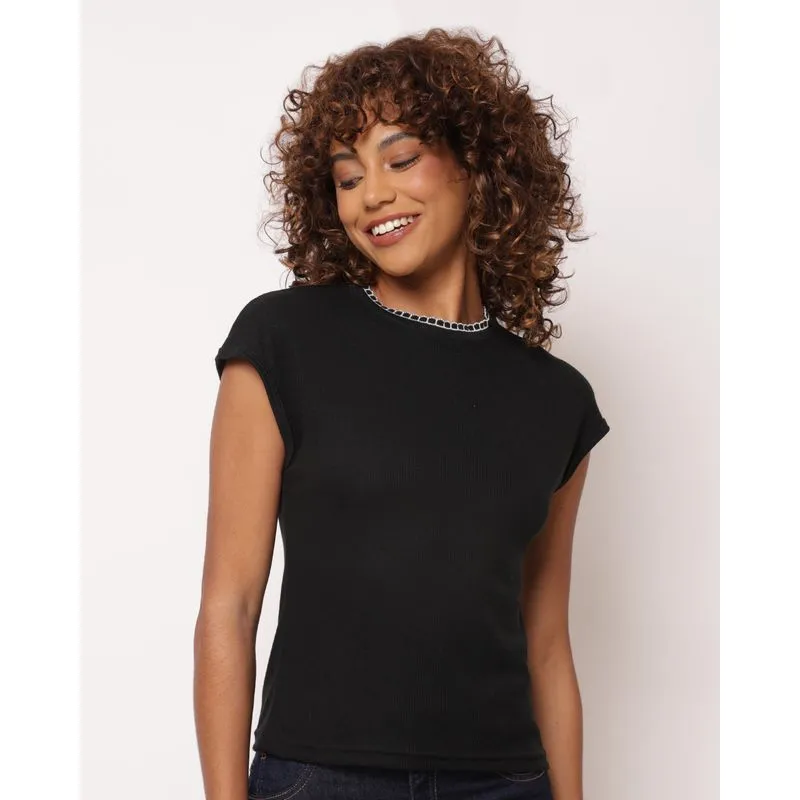 Blusa Feminina Ribana Canelada com Gola Picueta Preta P