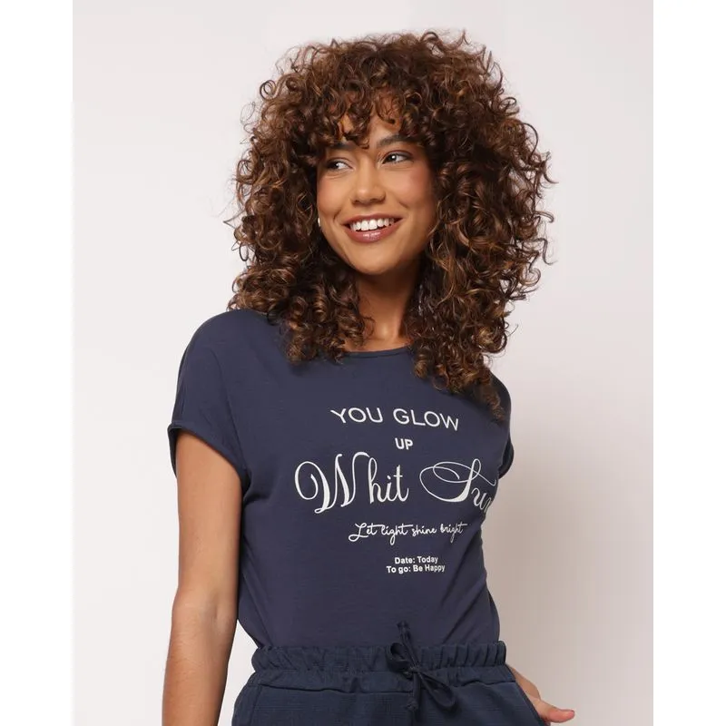 Blusa Feminina Manga Curta Viscose Estampa Marinho GG