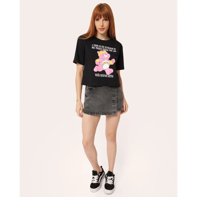 Short Saia Jeans Feminino Marmorizado Transpassado Preto 42