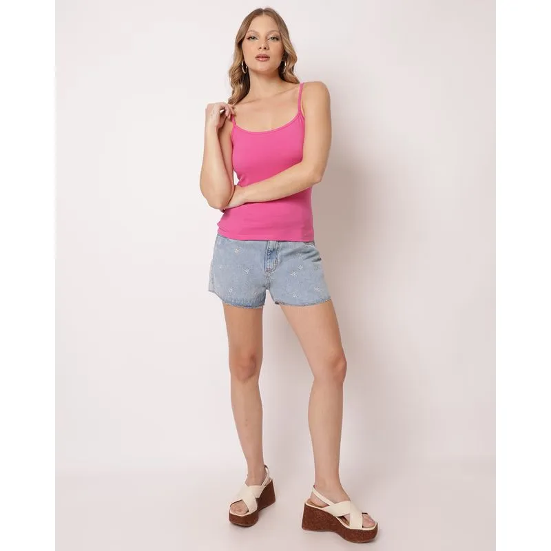 Short Jeans Feminino Curto com Bordado de Flores Azul 40