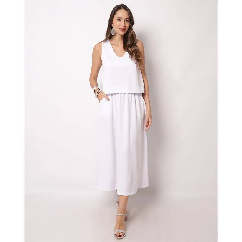 Saia Feminina Midi Texturizada com Bolso Branca M