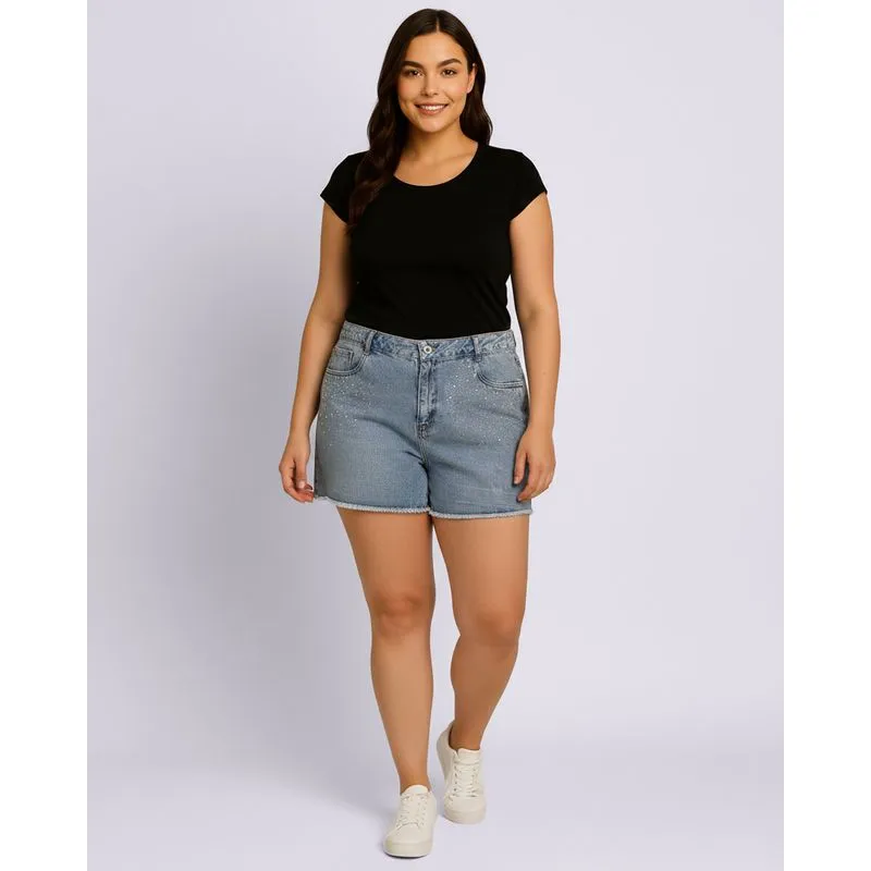 Short Jeans Plus Size Feminino Barra Desfiada Strass Azul 46