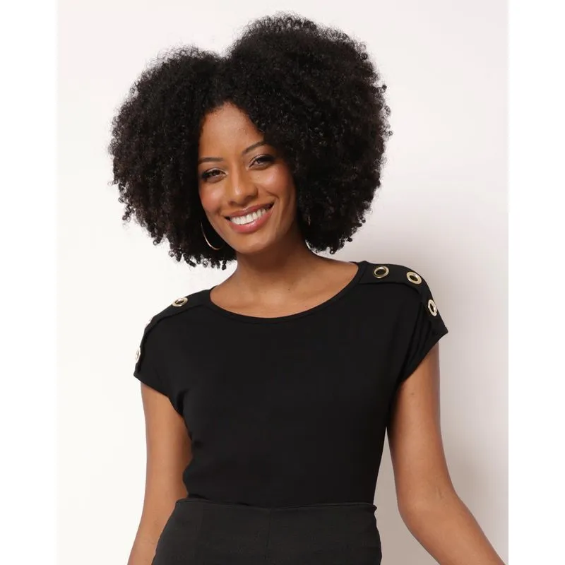 Blusa Feminina Viscose Detalhe de Botões nos Ombros Preta GG