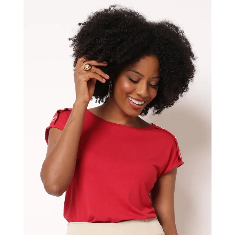 Blusa Feminina Viscose Detalhe de Botões nos Ombros Vermelha M