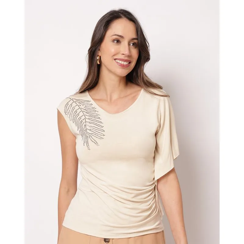 Blusa Feminina Manga Curta Assimétrica com Strass Bege GG