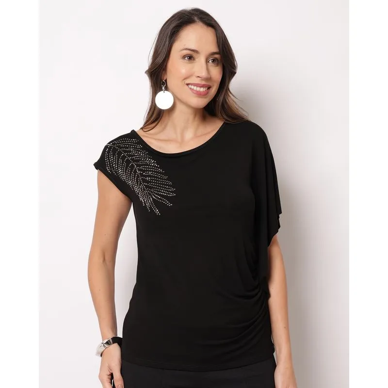 Blusa Feminina Assimétrica Detalhe Strass Manga Curta Preta P