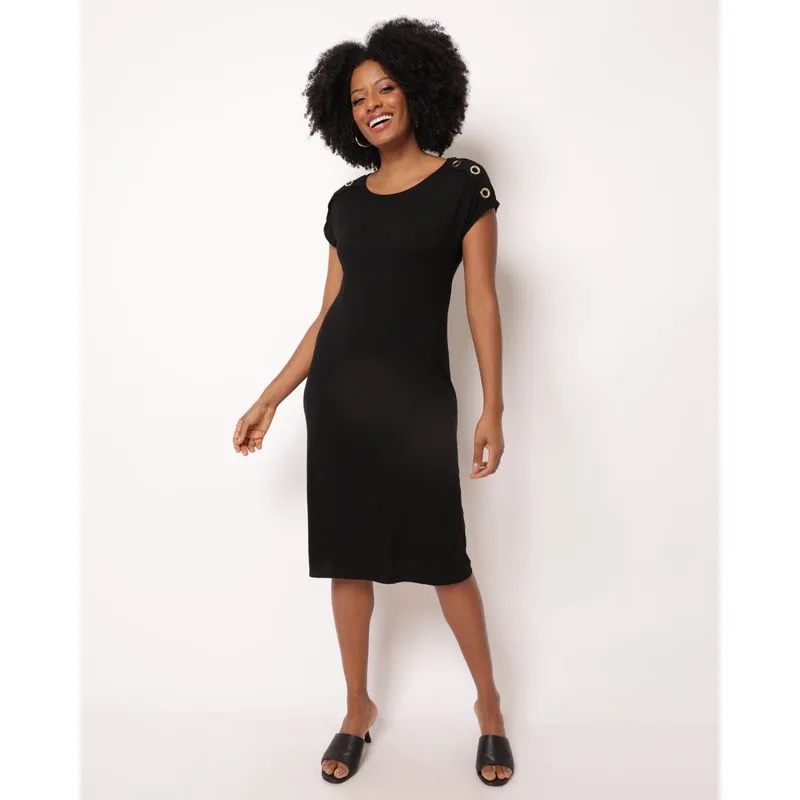 Vestido Feminino Curto Detalhe de Botões nos Ombros Preto GG